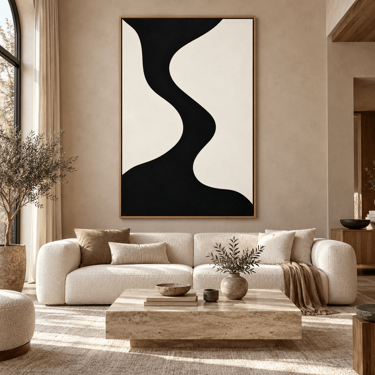 Modern Black and White Canvas Art – Noir Meander in a luxe living room by Rossetti Art