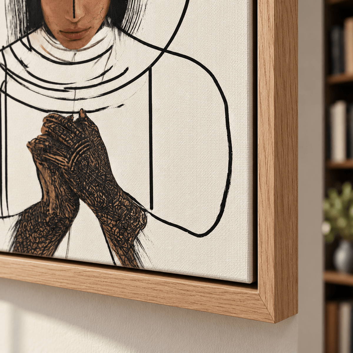 Modern Christian Art – close-up of the clasped hands and canvas texture on Quiet Devotion by Rossetti Art