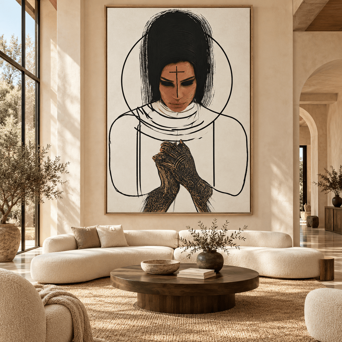 Modern Christian Art – Quiet Devotion canvas above a sofa in a living room by Rossetti Art