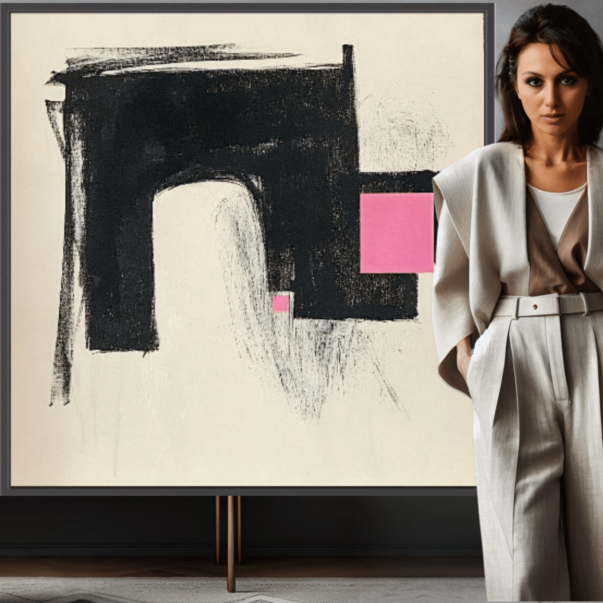 Canvas Print: Modern Contrast – Abstract Minimalist Geometric Art modern abstract canvas wall art by Rossetti Art – luxury interior design artwork for living room, bedroom, office – Black and Pink Wall Art Large Canvas Art Minimalist Canvas Print