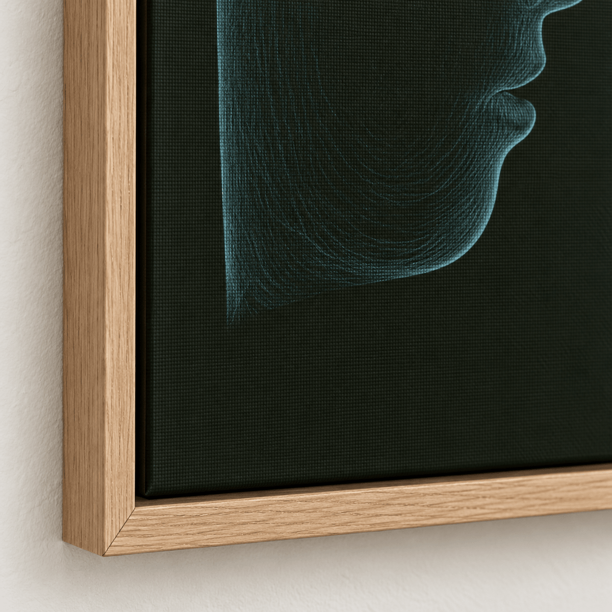 Modern Face Art Canvas Print – Mirror Profiles frame corner with teal linework by Rossetti Art