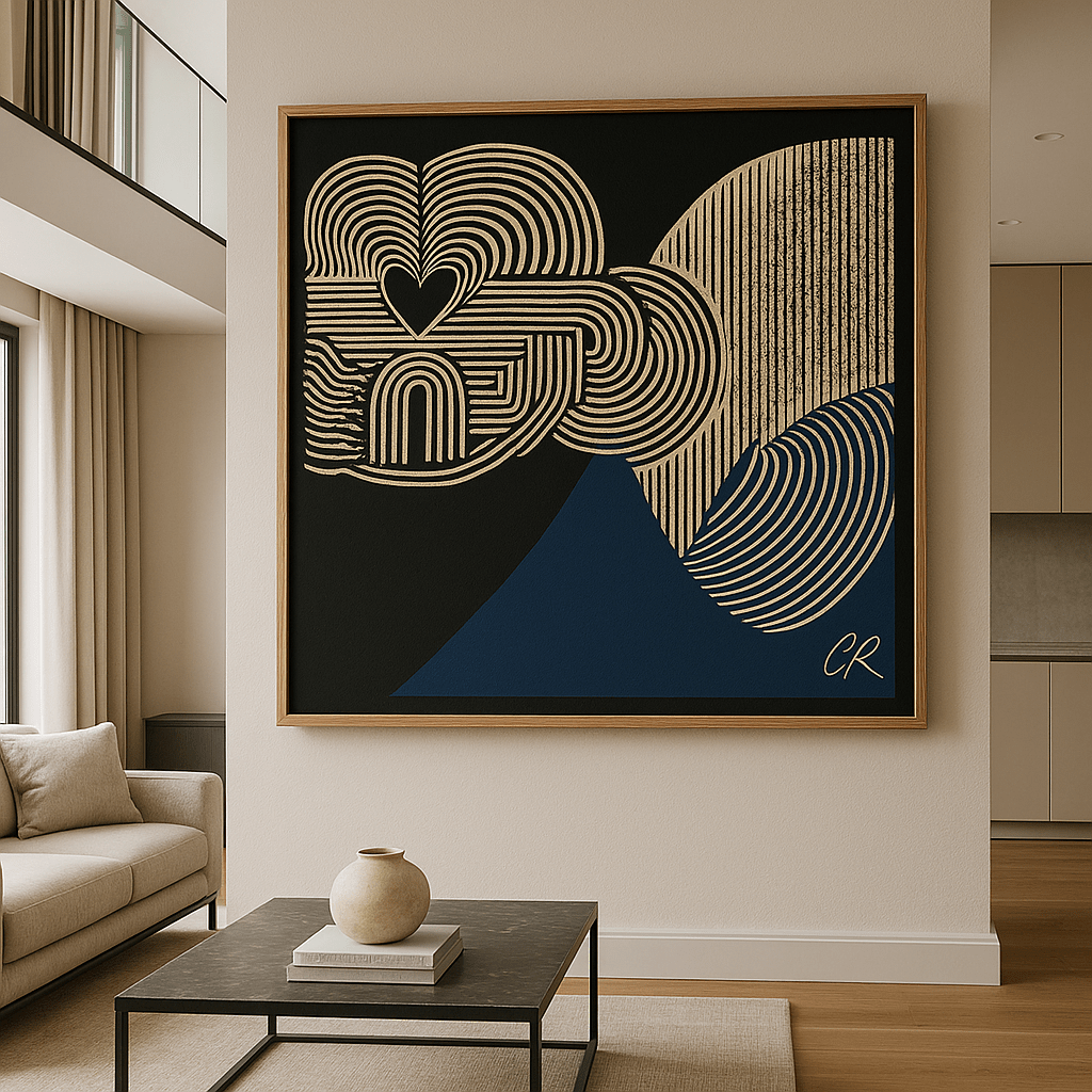 Canvas Print : Modern Gold Line Art – Heart House Abstract Canvas modern abstract canvas wall art by Rossetti Art – luxury interior design artwork for living room, bedroom, office – black and white abstract Contemporary Art for Sale contemporary art piece