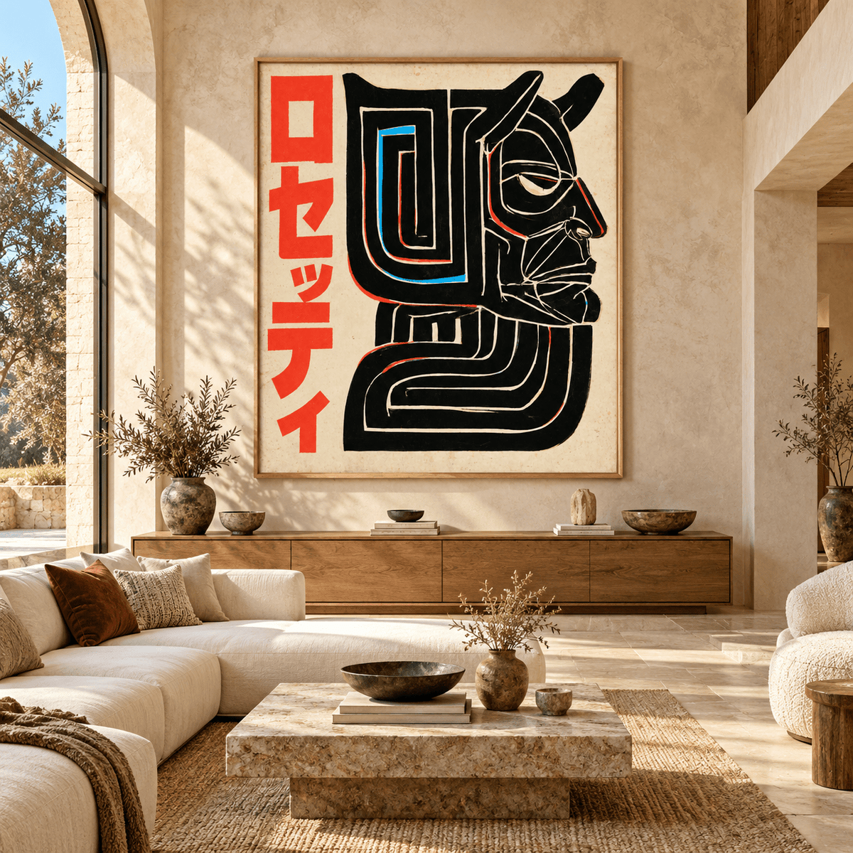 Modern Japanese Wall Art – Kuro Oni large canvas print in a living room by Rossetti Art