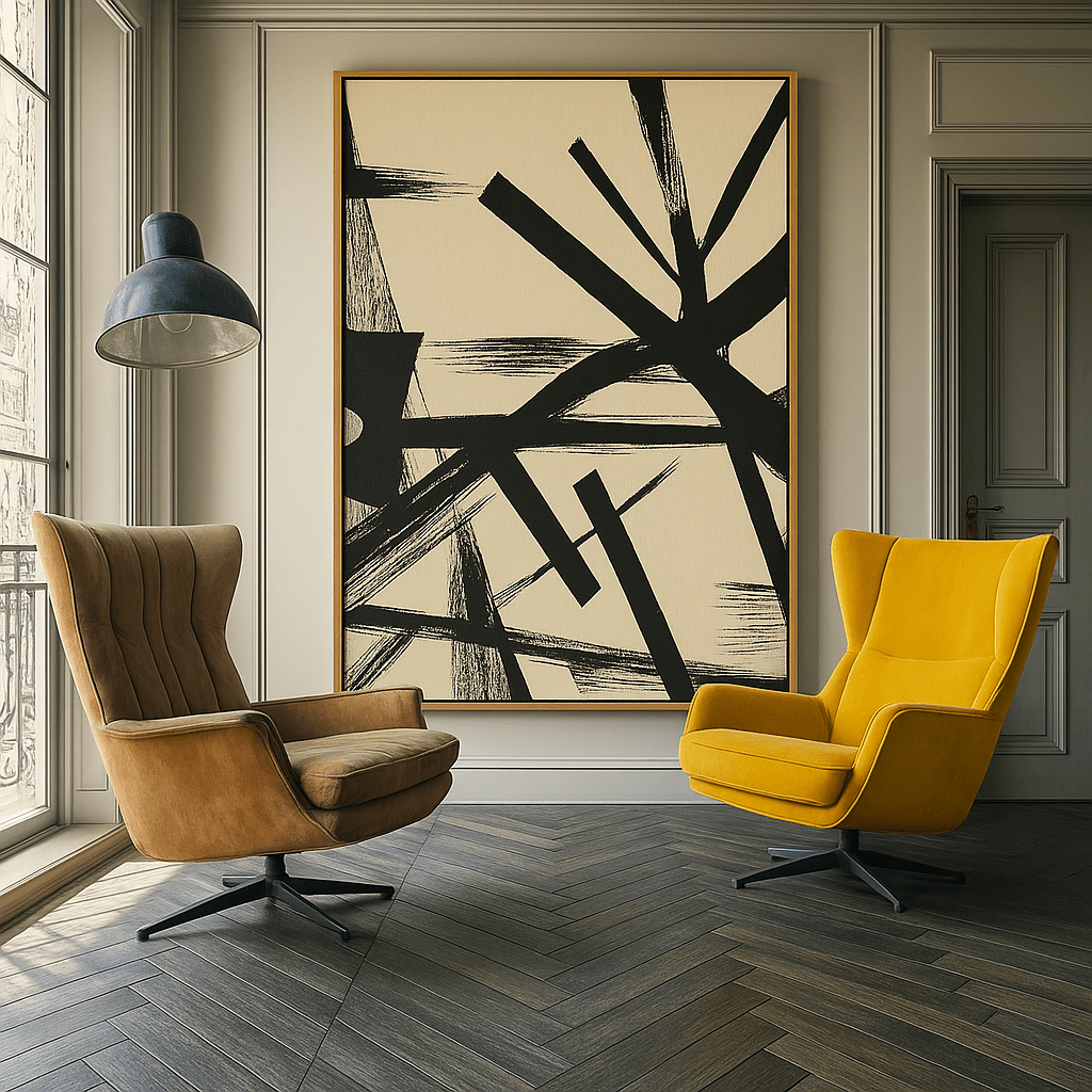 Canvas Print: Momentum Lines – Black & White Abstract Canvas Triptych Set modern abstract canvas wall art by Rossetti Art – luxury interior design artwork for living room, bedroom, office – 3 piece black and white wall art 3 piece wall art for living room black and white 3 piece wall art