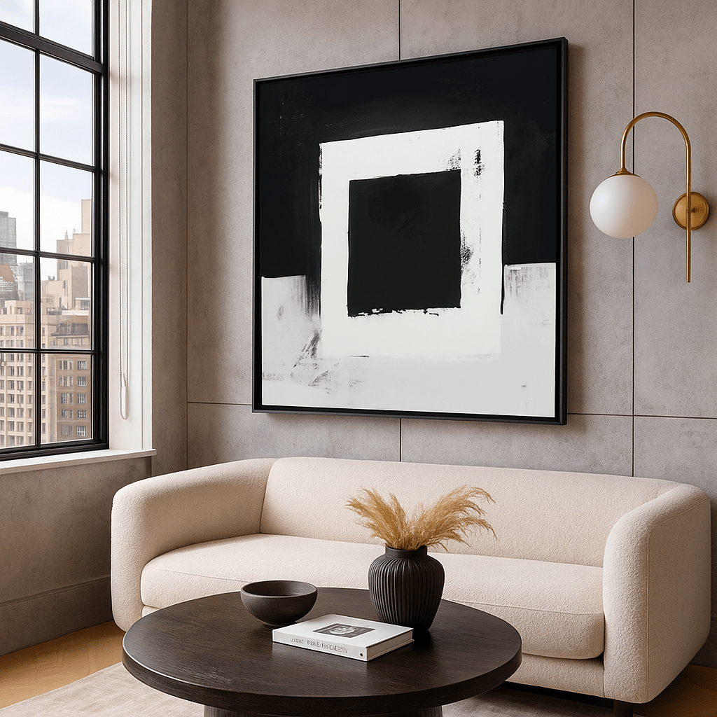 Canvas Print: Monochrome Balance – Minimalist Black and White Abstract Canvas Print for Modern Interiors modern abstract canvas wall art by Rossetti Art – luxury interior design artwork for living room, bedroom, office – abstract wall art canvas print art Chiara Rossetti