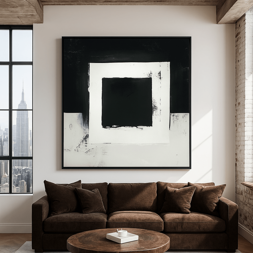 Canvas Print: Monochrome Balance – Minimalist Black and White Abstract Canvas Print for Modern Interiors modern abstract canvas wall art by Rossetti Art – luxury interior design artwork for living room, bedroom, office – abstract wall art canvas print art Chiara Rossetti