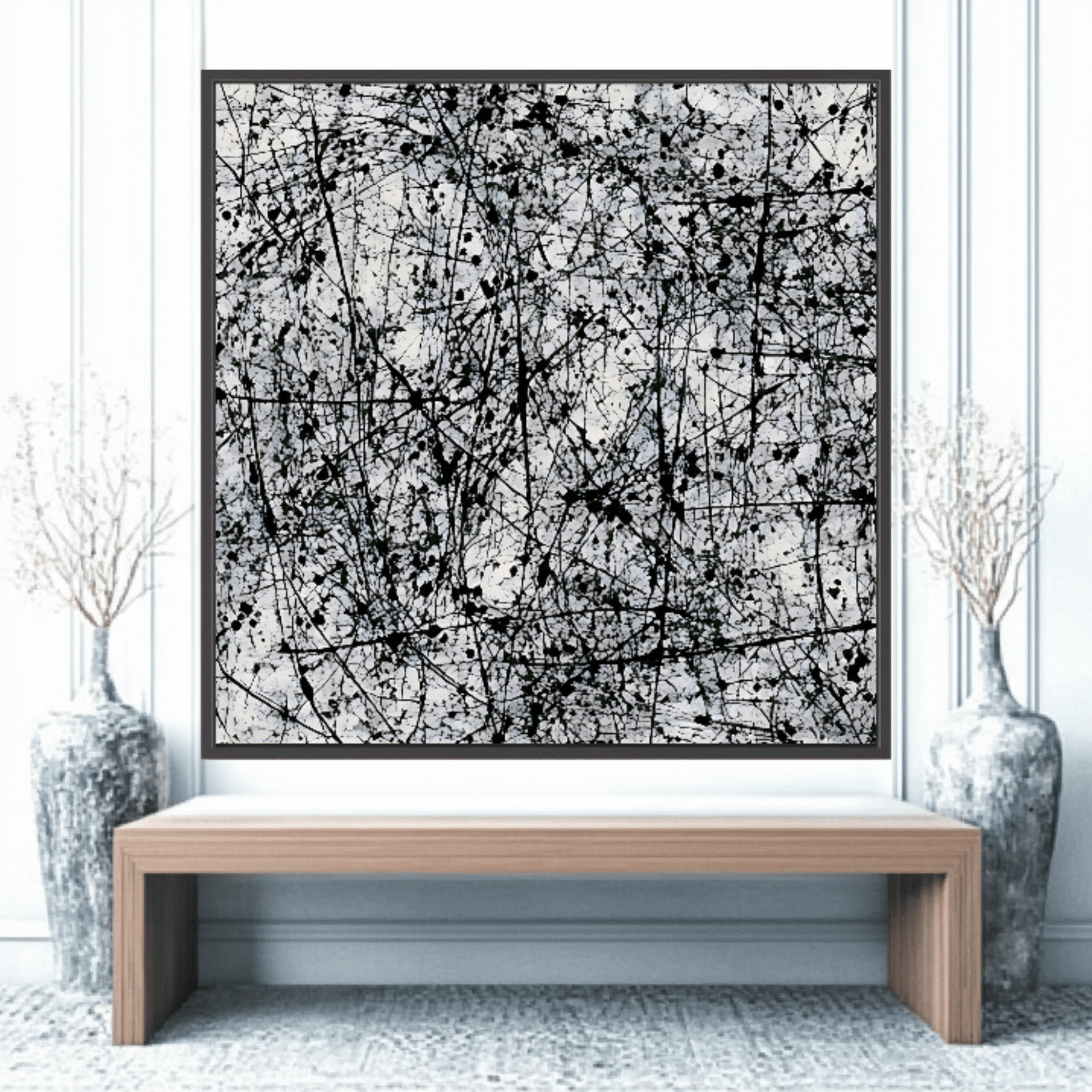 Canvas Print: Monochrome Chaos – Black and White Artwork for Bedroom modern abstract canvas wall art by Rossetti Art – luxury interior design artwork for living room, bedroom, office – Abstract Expressionism Art Black and White Canvas Print Industrial Art
