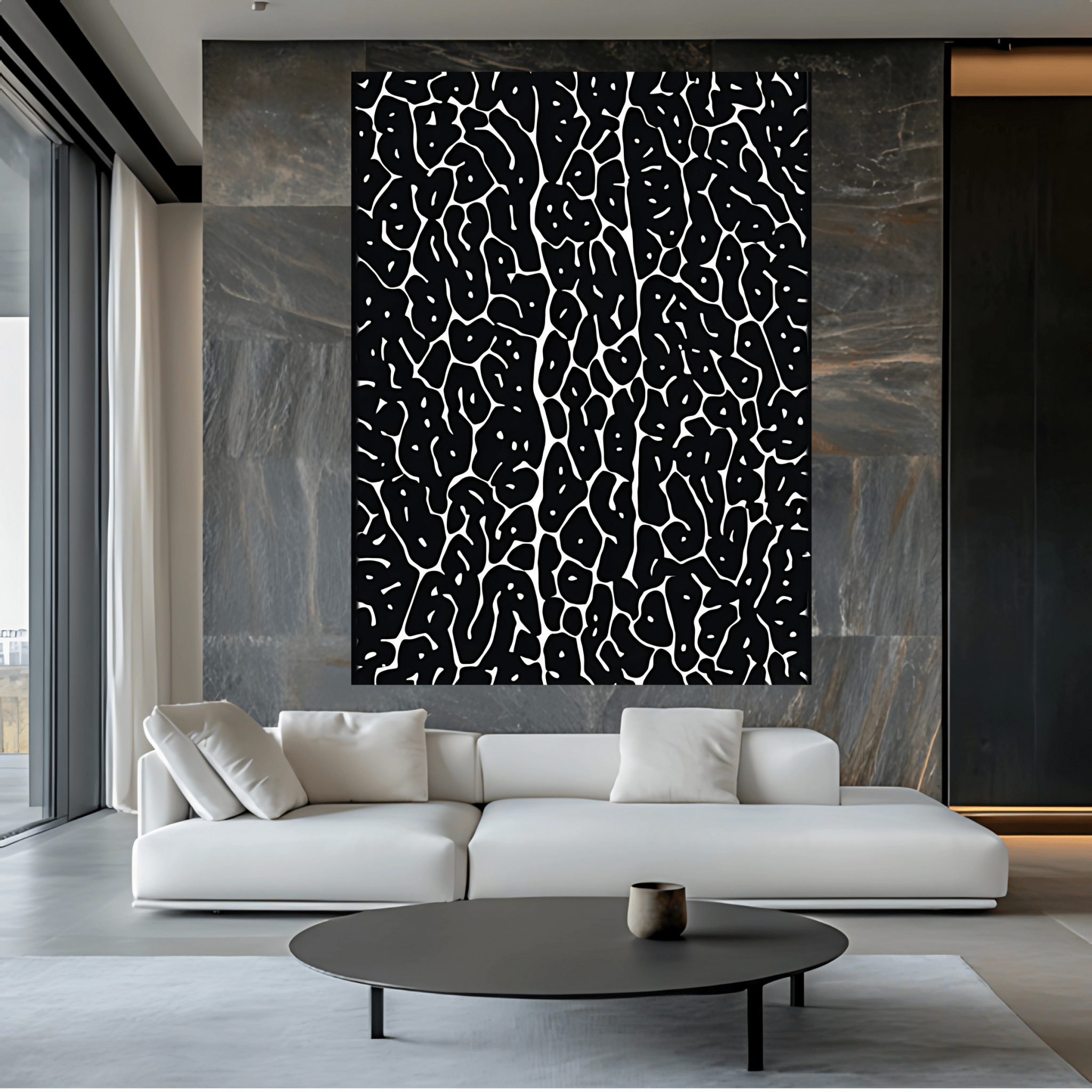 Canvas Print: "Monochrome Pulse Black" - Abstract Black & White Wall Art modern abstract canvas wall art by Rossetti Art – luxury interior design artwork for living room, bedroom, office – Black and White Abstract Canvas High - Contrast Contemporary Painting Industrial Loft Decor