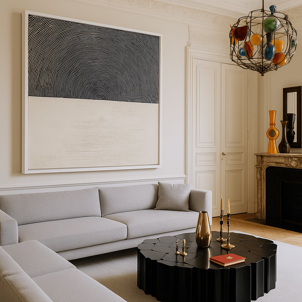 Canvas Print: Monochrome Resonance - Minimalist Circle Art modern abstract canvas wall art by Rossetti Art – luxury interior design artwork for living room, bedroom, office – Abstract Line Design Contemporary Minimalism contemporary wall painting