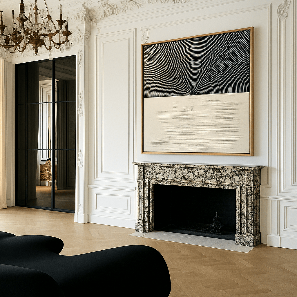 Canvas Print: Monochrome Resonance - Minimalist Circle Art modern abstract canvas wall art by Rossetti Art – luxury interior design artwork for living room, bedroom, office – Abstract Line Design Contemporary Minimalism contemporary wall painting