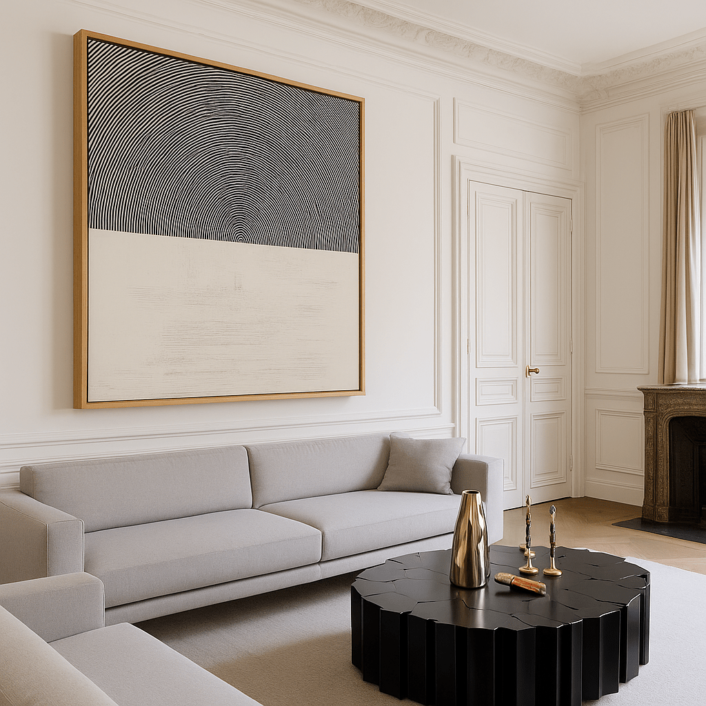 Canvas Print: Monochrome Resonance - Minimalist Circle Art modern abstract canvas wall art by Rossetti Art – luxury interior design artwork for living room, bedroom, office – Abstract Line Design Contemporary Minimalism contemporary wall painting