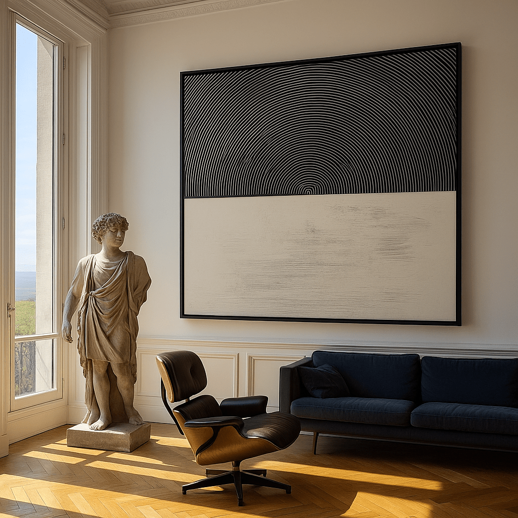 Canvas Print: Monochrome Resonance - Minimalist Circle Art modern abstract canvas wall art by Rossetti Art – luxury interior design artwork for living room, bedroom, office – Abstract Line Design Contemporary Minimalism contemporary wall painting