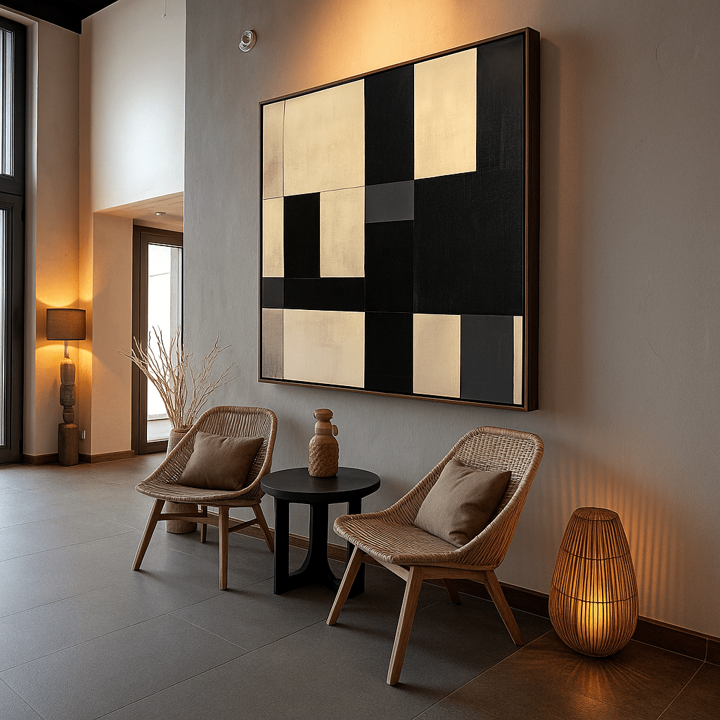 Canvas Print : Monochrome Symphony - Modern Abstract Black & White Canvas Art modern abstract canvas wall art by Rossetti Art – luxury interior design artwork for living room, bedroom, office – black & white wall canvas large black white canvas wall art large framed wall art for dining room