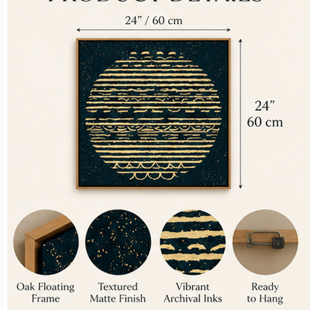 Product infographic for amber and teal textured circle canvas print with oak floating frame