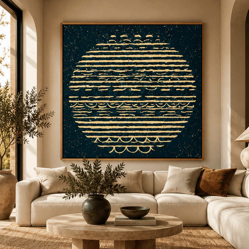 Oversized square amber and teal textured circle canvas print in oak floating frame in a modern living room