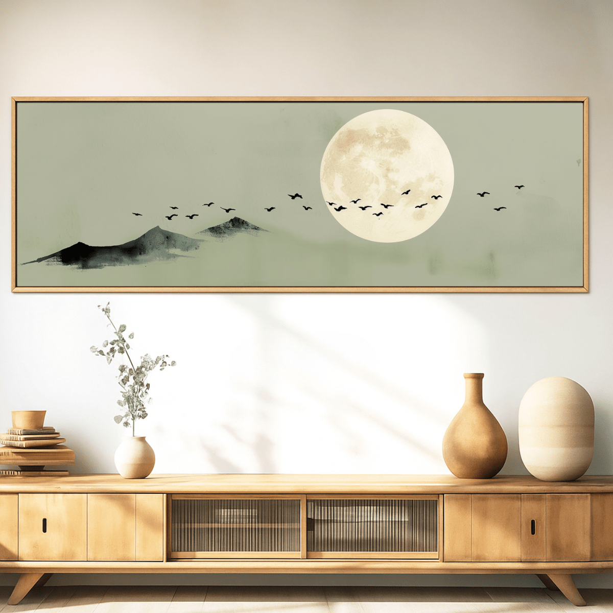 Canvas Print : Moonlit Silence – Long Horizontal Canvas Wall Art of Moon and Birds | Rossetti Art Luxury Home Decor” modern abstract canvas wall art by Rossetti Art – luxury interior design artwork for living room, bedroom, office – horizontal art print horizontal canvas print horizontal canvas prints