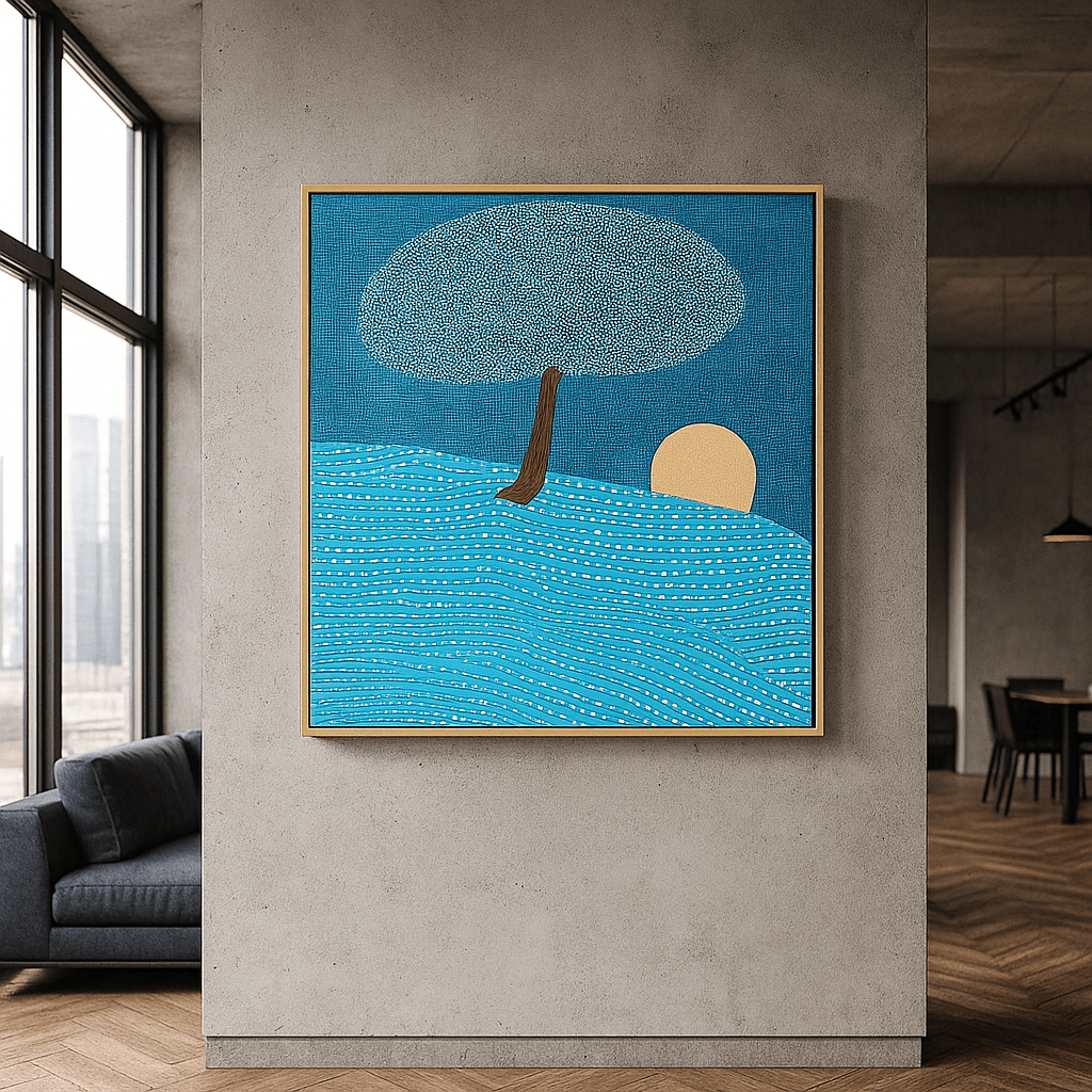 Canvas Print : Moonrise Tree - Naive Style Abstract Canvas Print in Blue Tones - Chiara Rossetti