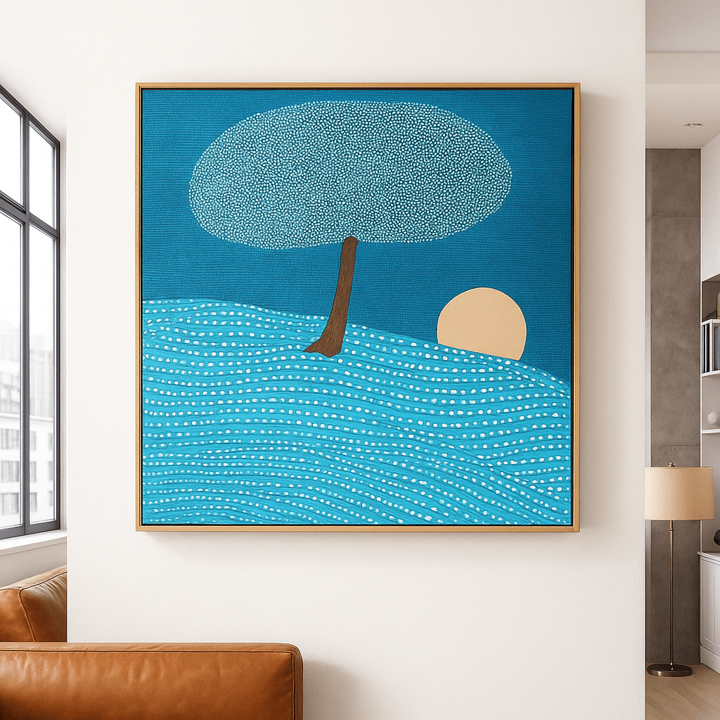 Canvas Print : Moonrise Tree - Naive Style Abstract Canvas Print in Blue Tones - Chiara Rossetti