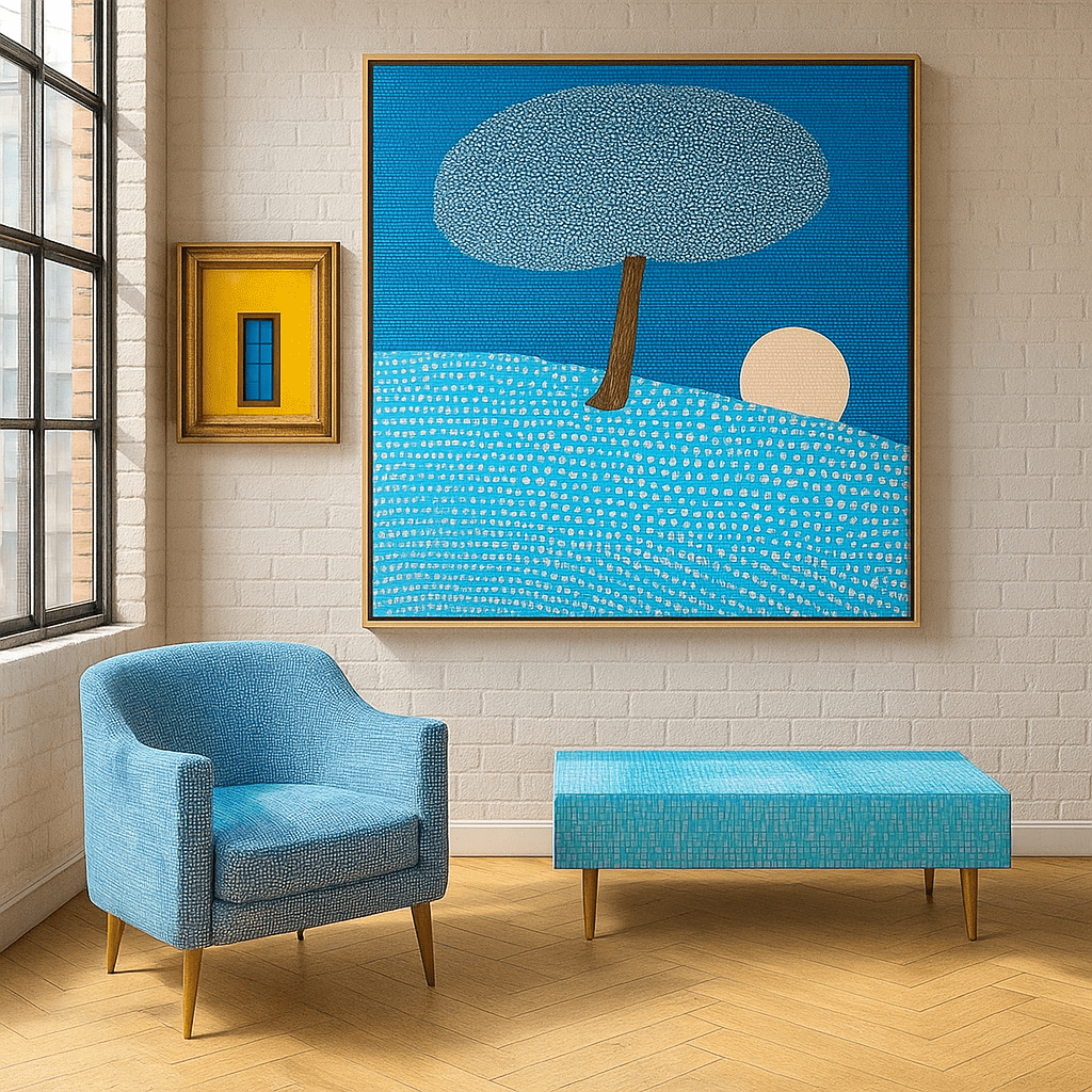 Canvas Print : Moonrise Tree - Naive Style Abstract Canvas Print in Blue Tones - Chiara Rossetti