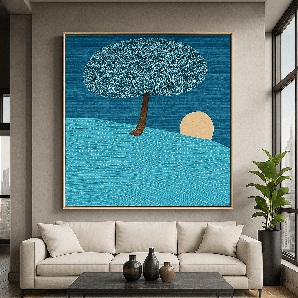Canvas Print : Moonrise Tree - Naive Style Abstract Canvas Print in Blue Tones - Chiara Rossetti