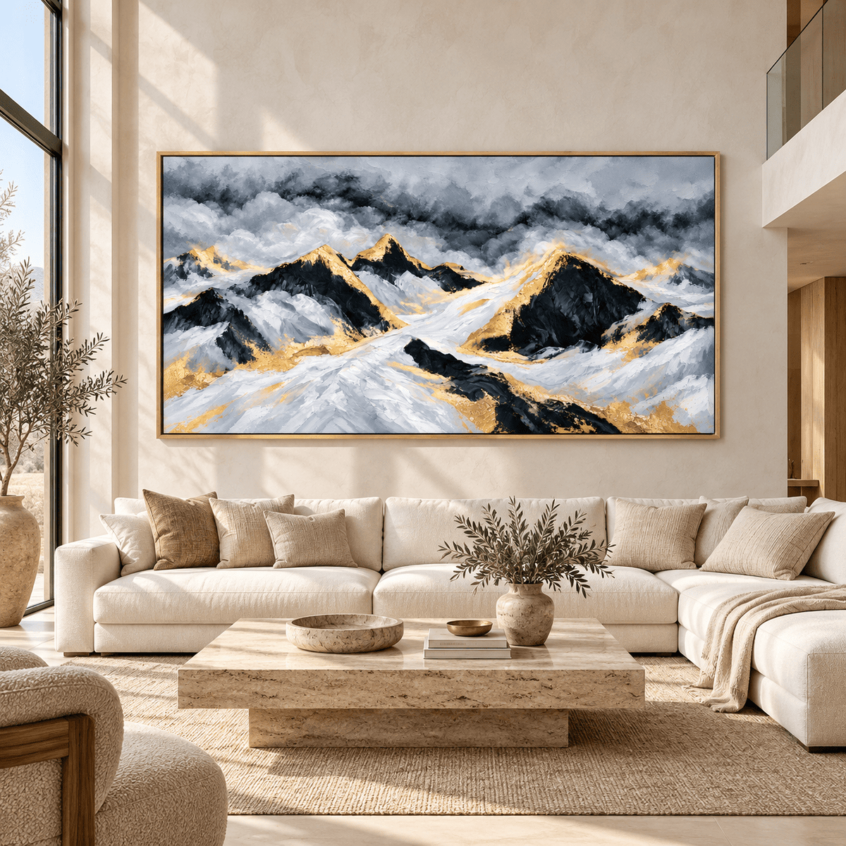 Mountain Canvas Wall Art – Gilded Peaks by Rossetti Art – large black, white and gold mountain canvas above a cream sofa in a living room