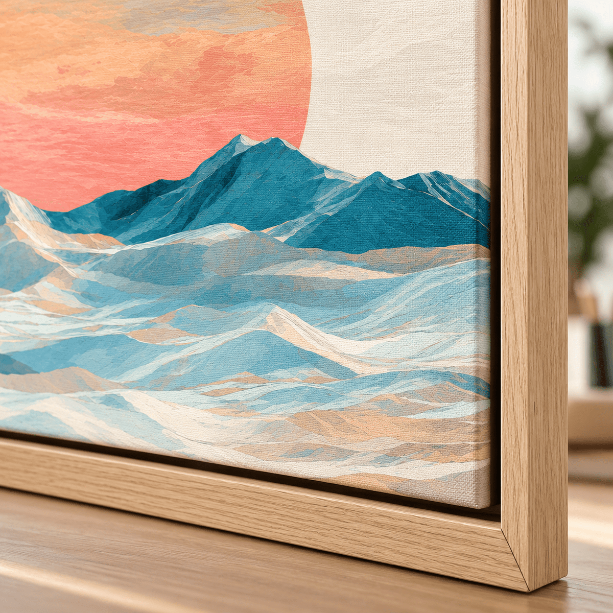 Close-up corner of the Glacier Sun canvas print in a hardwood floater frame