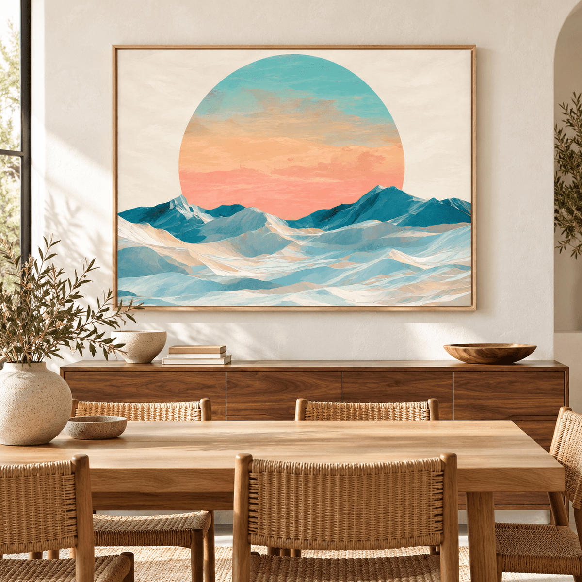 Pastel mountain landscape wall art Glacier Sun above a wooden sideboard in a dining room