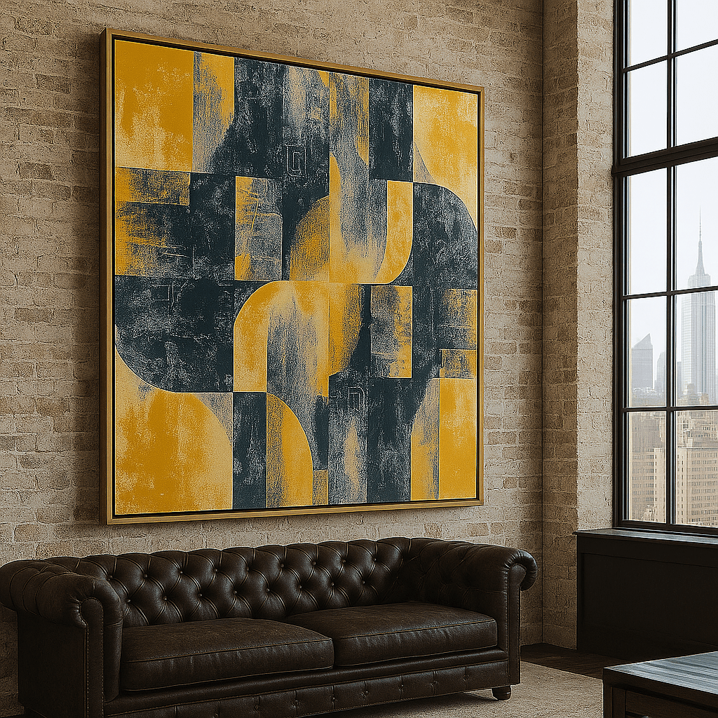 Canvas Print: "Mustard Urban Geometry" – Mustard Yellow Wall Art modern abstract canvas wall art by Rossetti Art – luxury interior design artwork for living room, bedroom, office – abstract canvas wall art Contemporary Art for Sale Contemporary Canvas Art