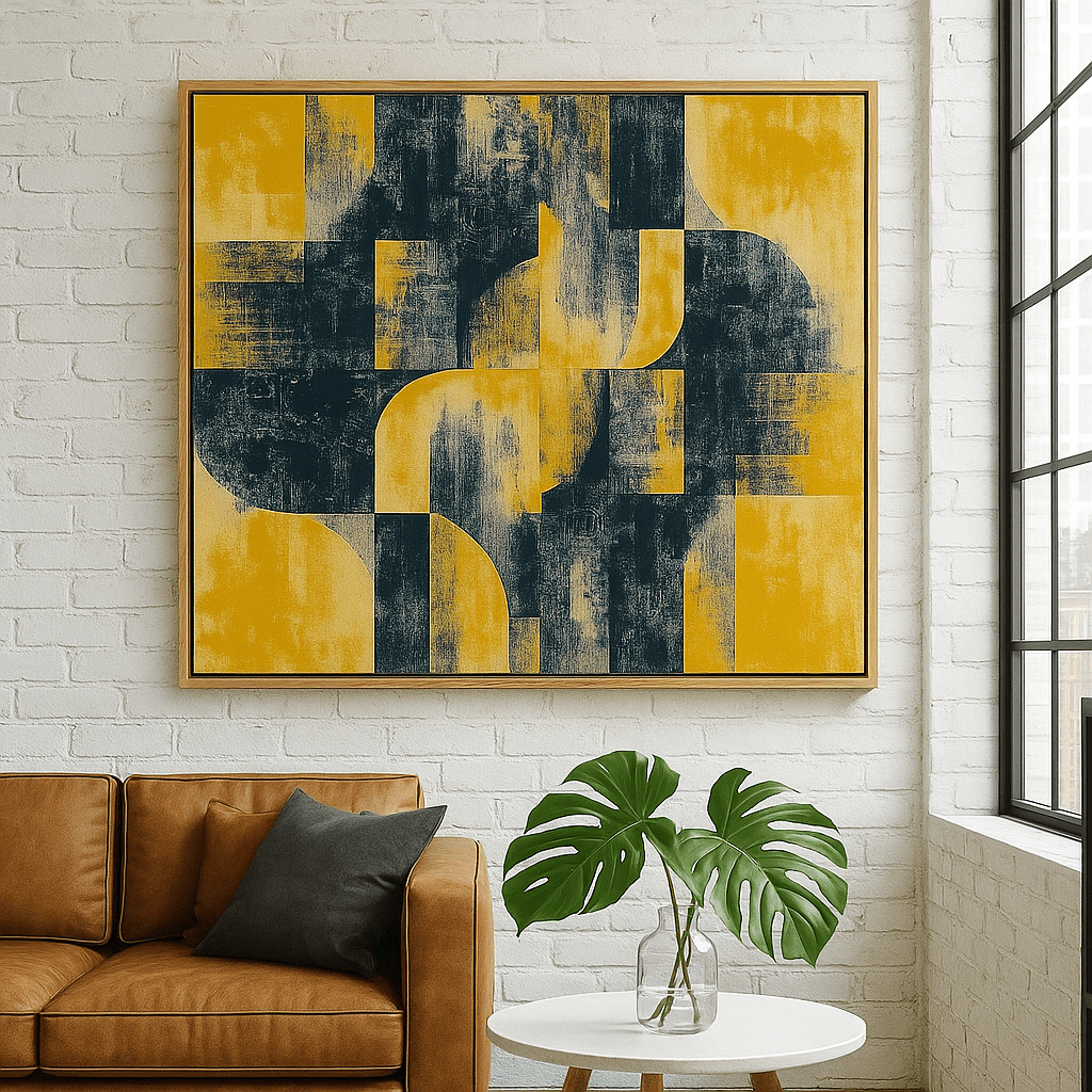 Canvas Print: "Mustard Urban Geometry" – Mustard Yellow Wall Art modern abstract canvas wall art by Rossetti Art – luxury interior design artwork for living room, bedroom, office – abstract canvas wall art Contemporary Art for Sale Contemporary Canvas Art