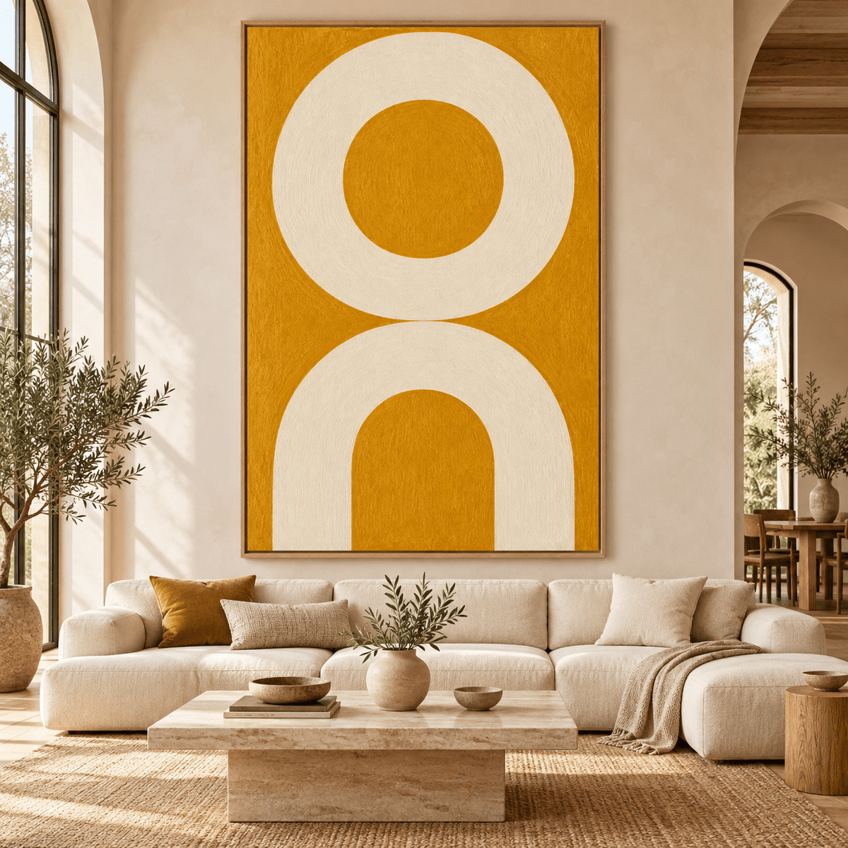 Mustard Wall Art – Sunlit Arch by Rossetti Art above a cream sofa in a living room
