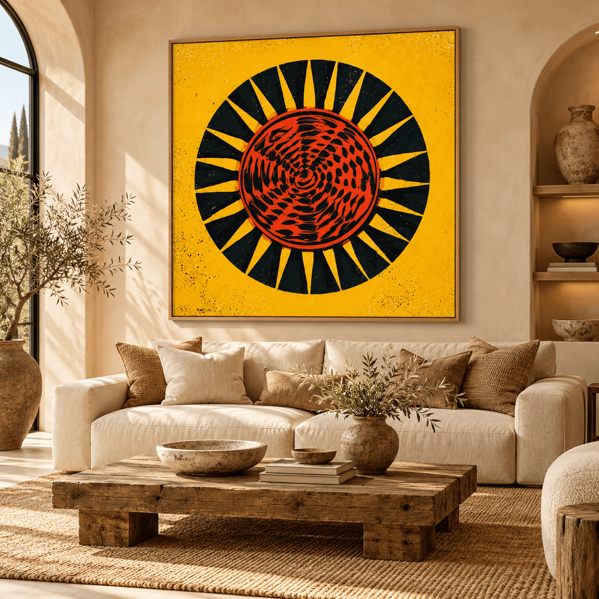 Mustard Yellow Wall Art – Solar Flare canvas print in an oak floater frame above a living room sofa