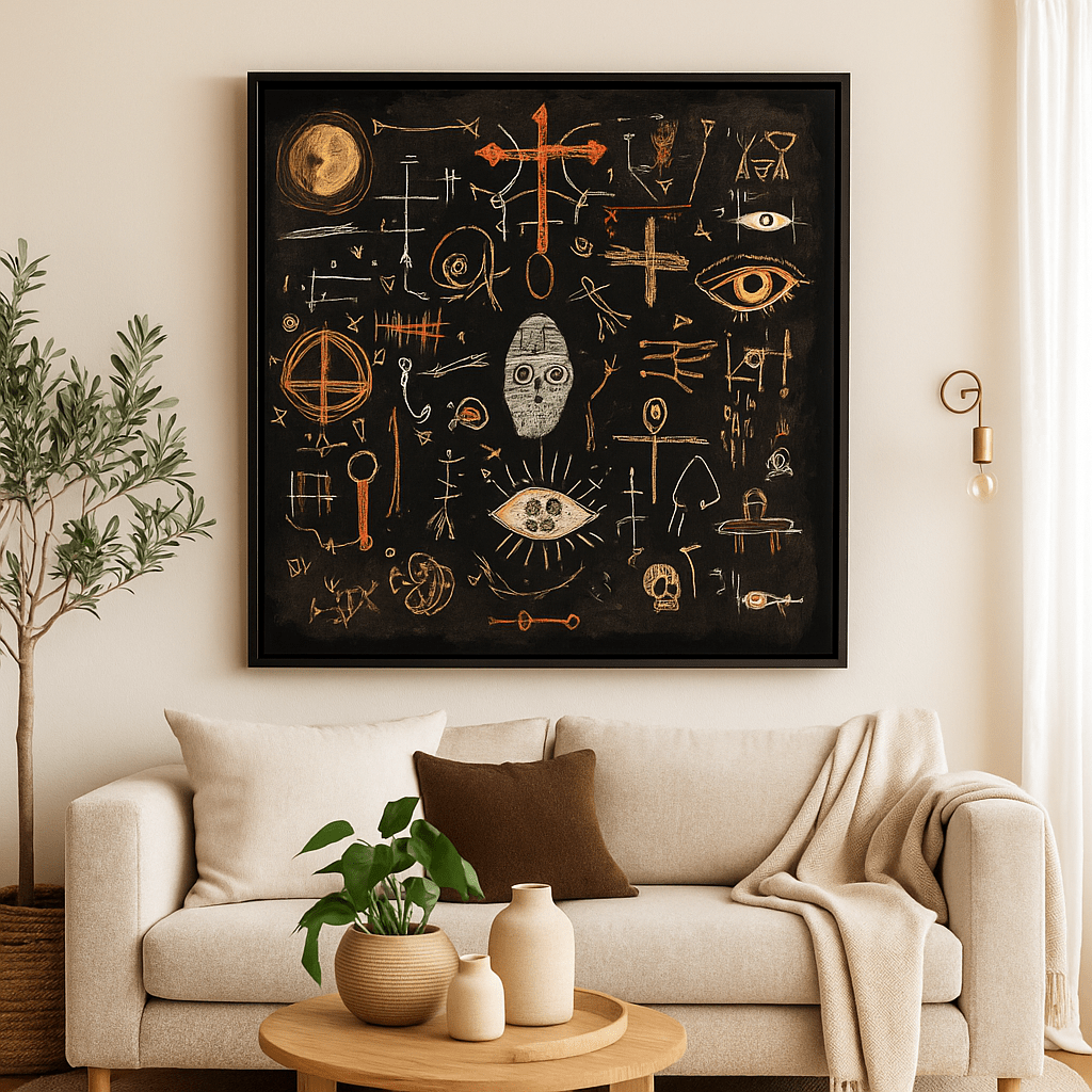 Canvas Print: Mystic Codes – Abstract Symbolism Canvas Print | Modern Surreal Wall Art for Luxury Home Decor by Rossetti Art modern abstract canvas wall art by Rossetti Art – luxury interior design artwork for living room, bedroom, office – canvas print art Chiara Rossetti figurative