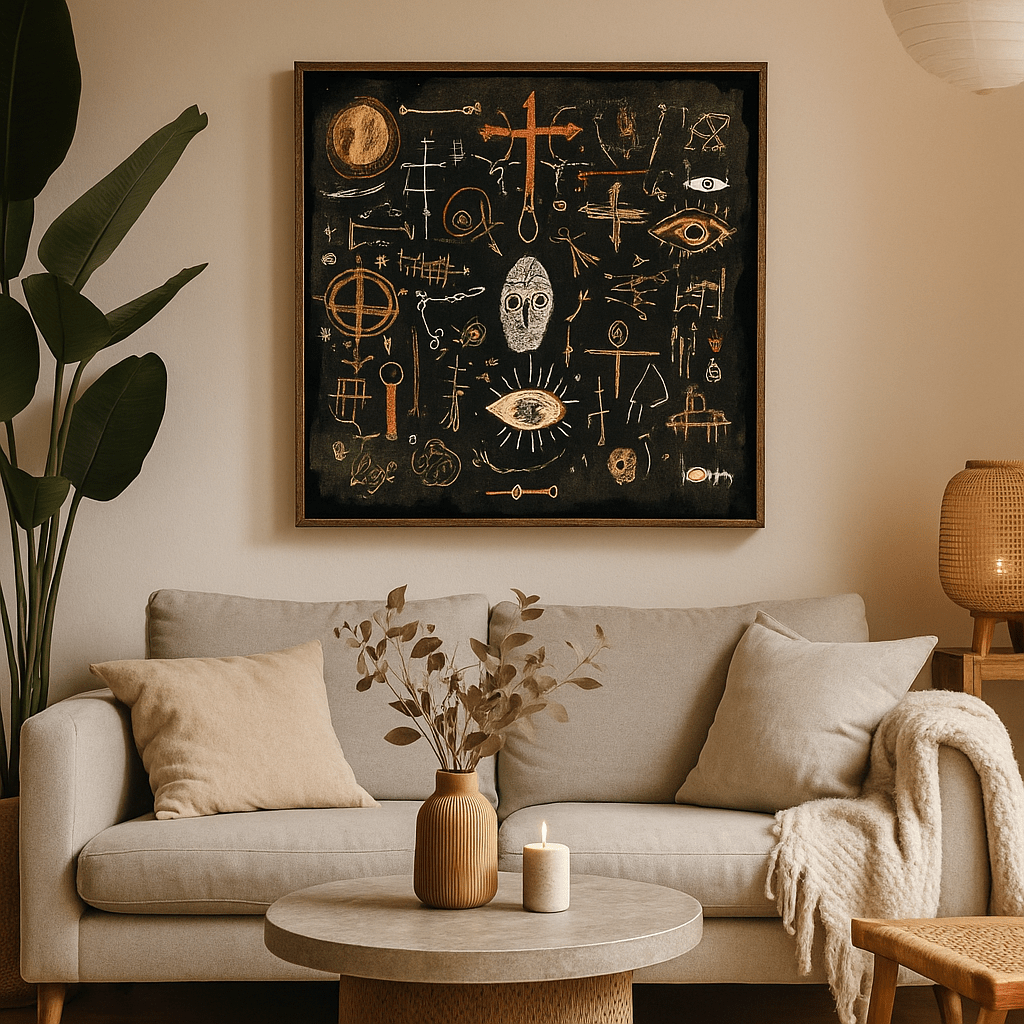 Canvas Print: Mystic Codes – Abstract Symbolism Canvas Print | Modern Surreal Wall Art for Luxury Home Decor by Rossetti Art modern abstract canvas wall art by Rossetti Art – luxury interior design artwork for living room, bedroom, office – canvas print art Chiara Rossetti figurative
