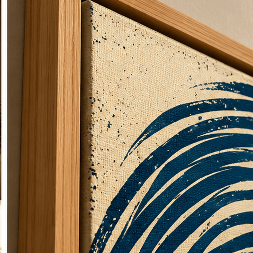 Close-up of navy and cream swirl canvas texture and oak floating frame corner