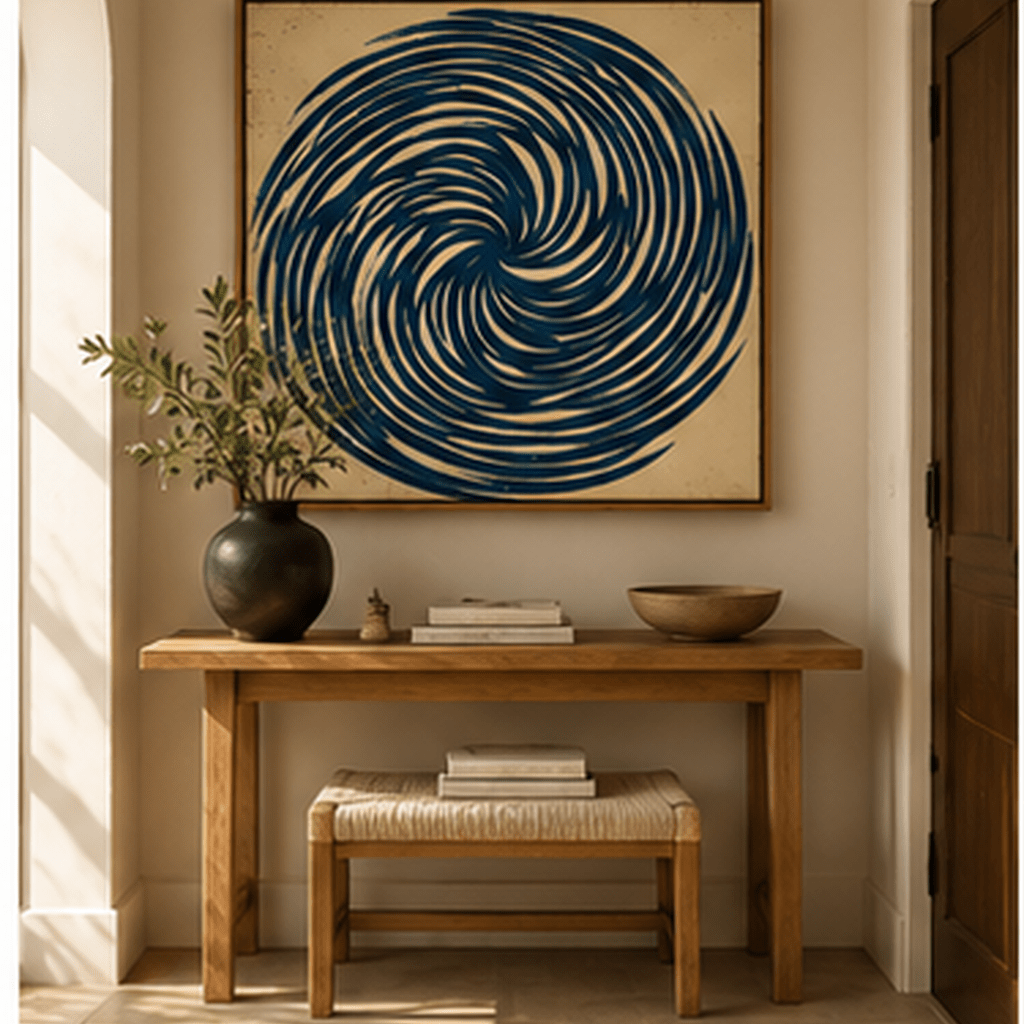 Square navy and cream swirl canvas print in oak floating frame in a modern entryway