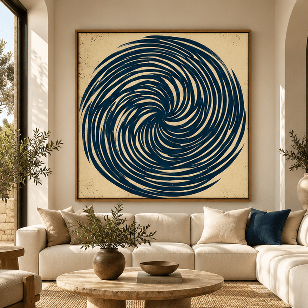 Oversized square navy and cream swirl canvas print in oak floating frame in a modern living room