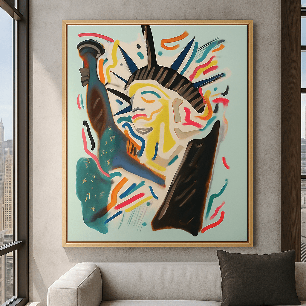 Canvas Print : Neon Liberty: Pop Art Tribute to Freedom modern abstract canvas wall art by Rossetti Art – luxury interior design artwork for living room, bedroom, office – Abstract art print canvas print for living room Canvas print for man cave