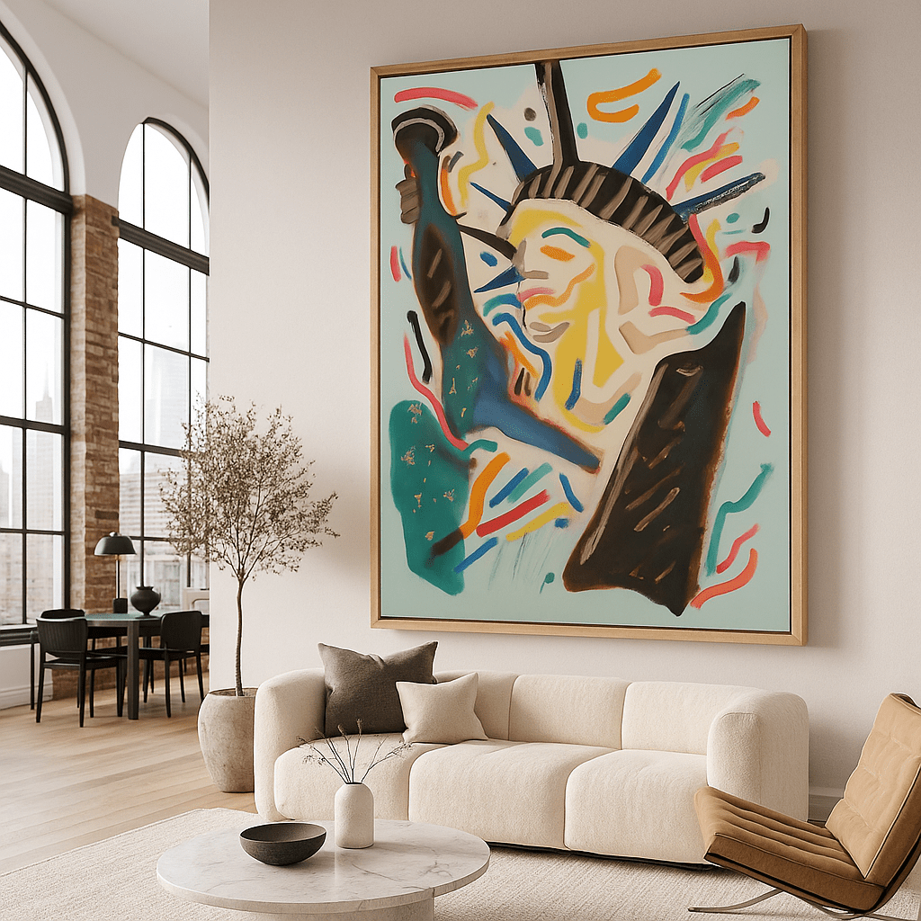 Canvas Print : Neon Liberty: Pop Art Tribute to Freedom modern abstract canvas wall art by Rossetti Art – luxury interior design artwork for living room, bedroom, office – Abstract art print canvas print for living room Canvas print for man cave