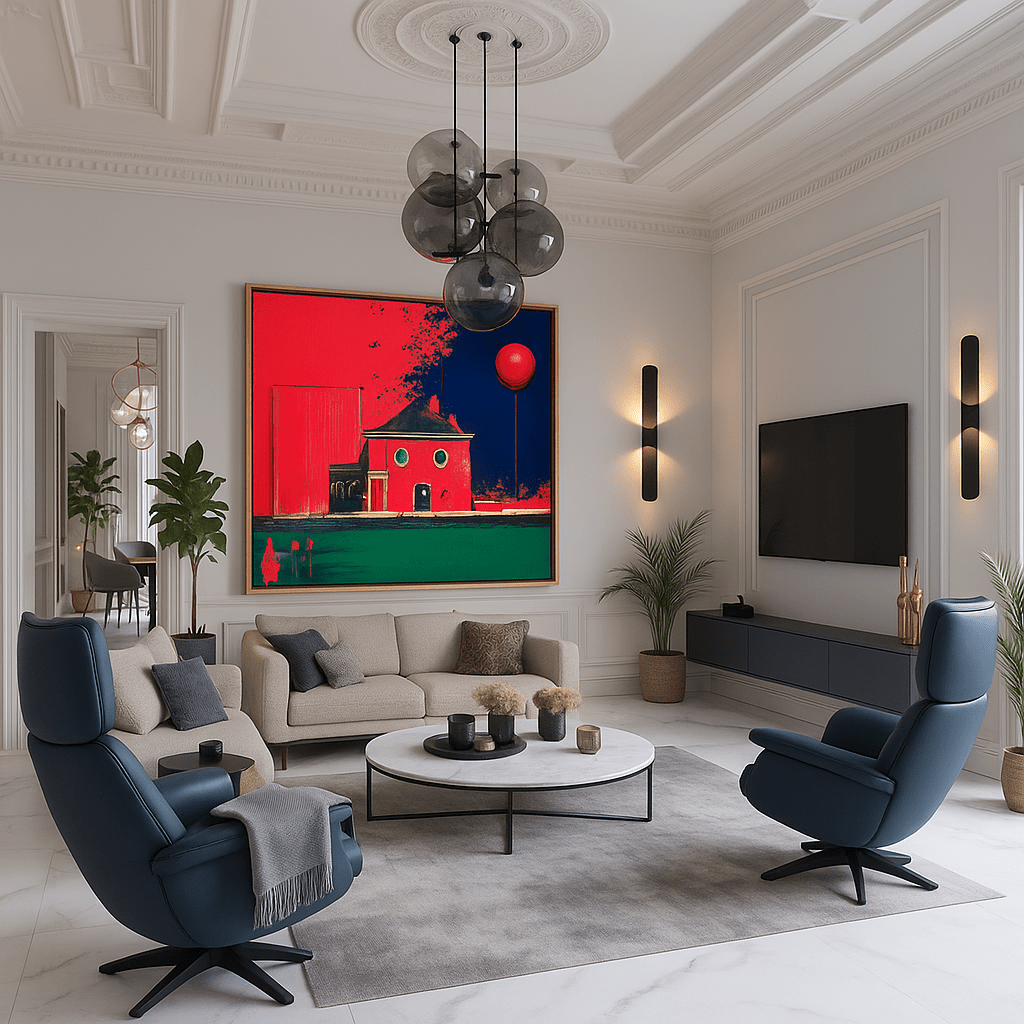 Canvas Print: Neon Nest – Surreal Modern House & Balloon Art modern abstract canvas wall art by Rossetti Art – luxury interior design artwork for living room, bedroom, office – Architectural Fantasy Art Balloon Art Print Color Splash Canvas