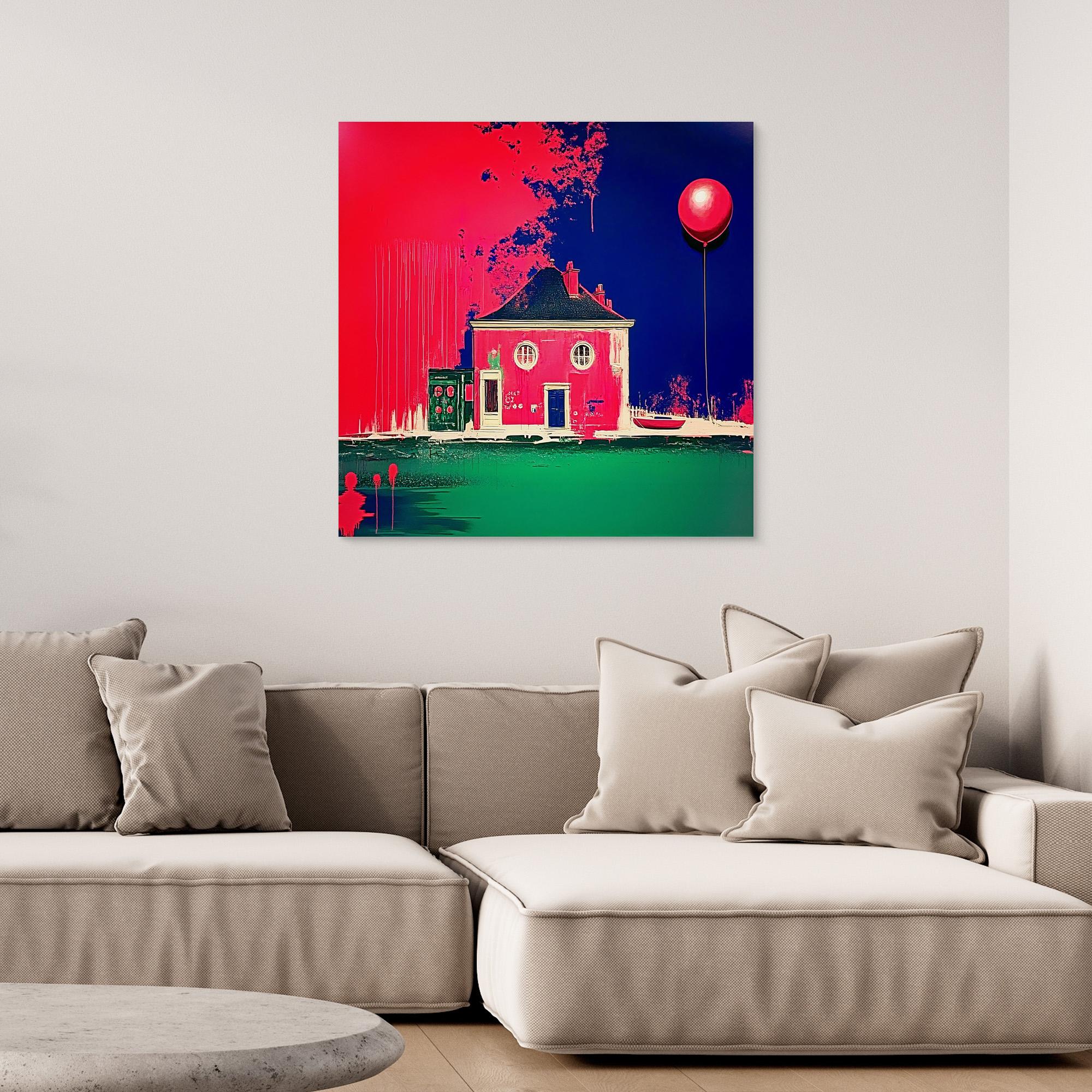 Canvas Print: Neon Nest – Surreal Modern House & Balloon Art modern abstract canvas wall art by Rossetti Art – luxury interior design artwork for living room, bedroom, office – Architectural Fantasy Art Balloon Art Print Color Splash Canvas