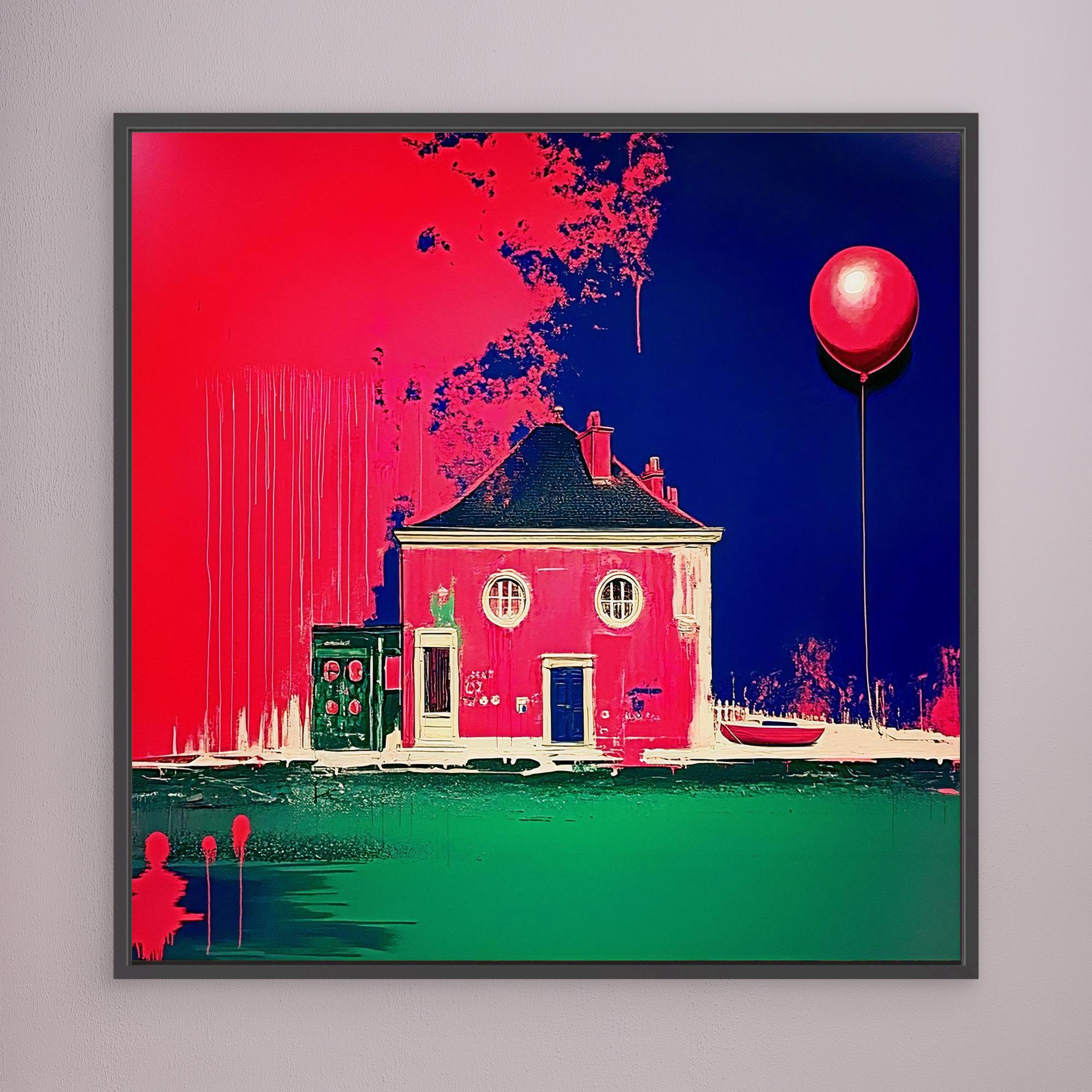 Canvas Print: Neon Nest – Surreal Modern House & Balloon Art modern abstract canvas wall art by Rossetti Art – luxury interior design artwork for living room, bedroom, office – Architectural Fantasy Art Balloon Art Print Color Splash Canvas