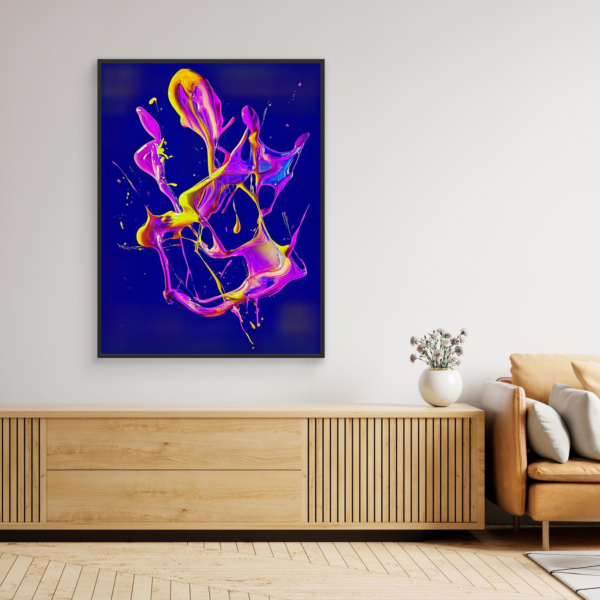 Canvas Print: "Neon Splash" - Abstract Fluid Energy Wall Art modern abstract canvas wall art by Rossetti Art – luxury interior design artwork for living room, bedroom, office – Dynamic neon statement artwork Neon splash abstract canvas print Vibrant fluid color explosion painting