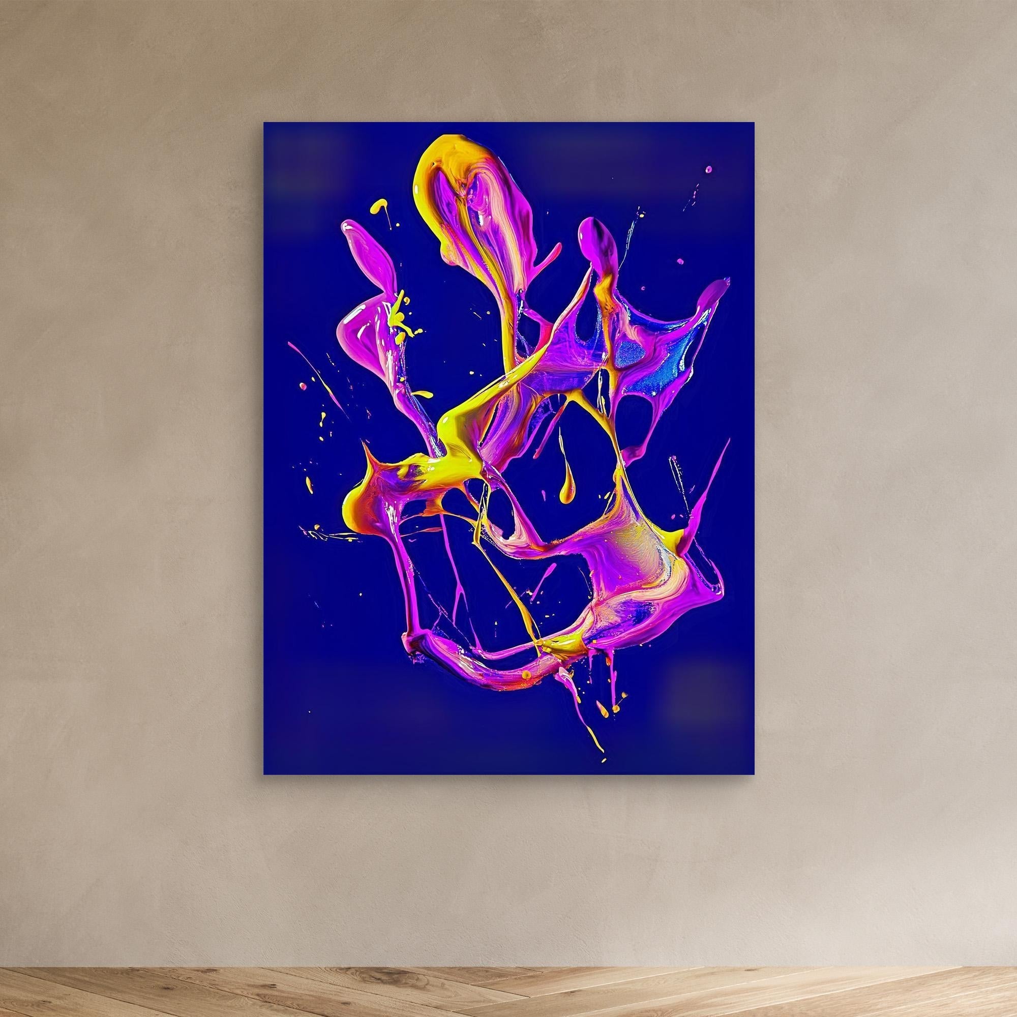 Canvas Print: "Neon Splash" - Abstract Fluid Energy Wall Art modern abstract canvas wall art by Rossetti Art – luxury interior design artwork for living room, bedroom, office – Dynamic neon statement artwork Neon splash abstract canvas print Vibrant fluid color explosion painting