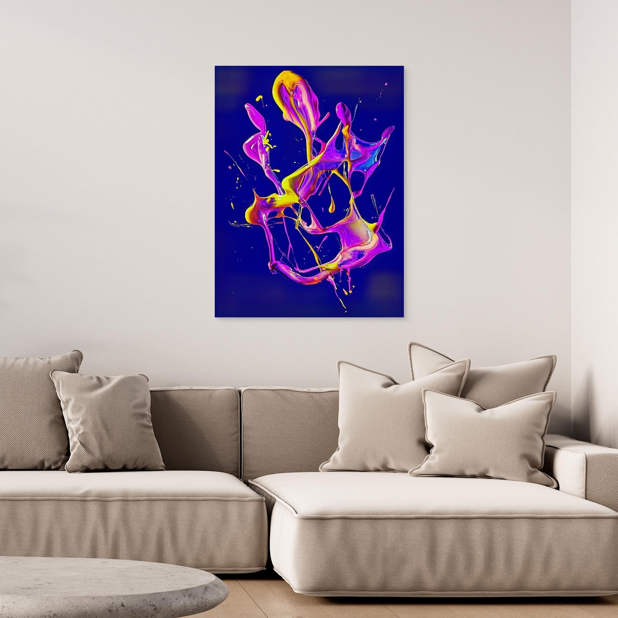 Canvas Print: "Neon Splash" - Abstract Fluid Energy Wall Art modern abstract canvas wall art by Rossetti Art – luxury interior design artwork for living room, bedroom, office – Dynamic neon statement artwork Neon splash abstract canvas print Vibrant fluid color explosion painting