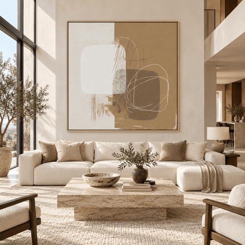 Neutral Abstract Canvas Print – Whispered Balance above an ivory sofa by Rossetti Art