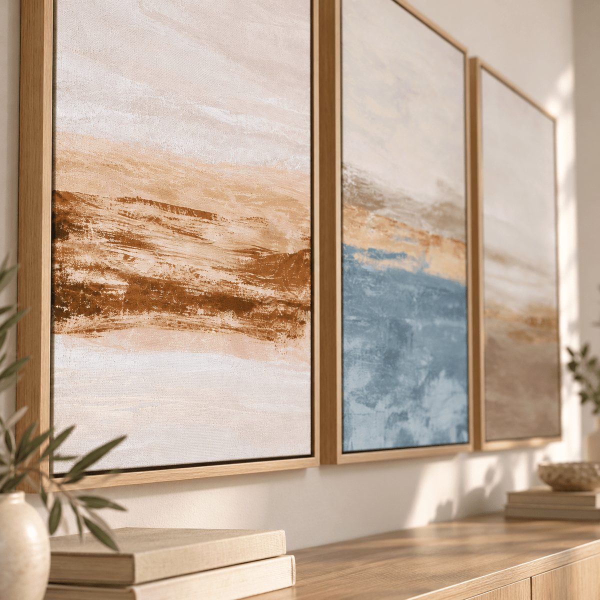 Neutral Coastal Wall Art – Soft Shoreline canvas print set of 3 by Rossetti Art, framed abstract canvas trio
