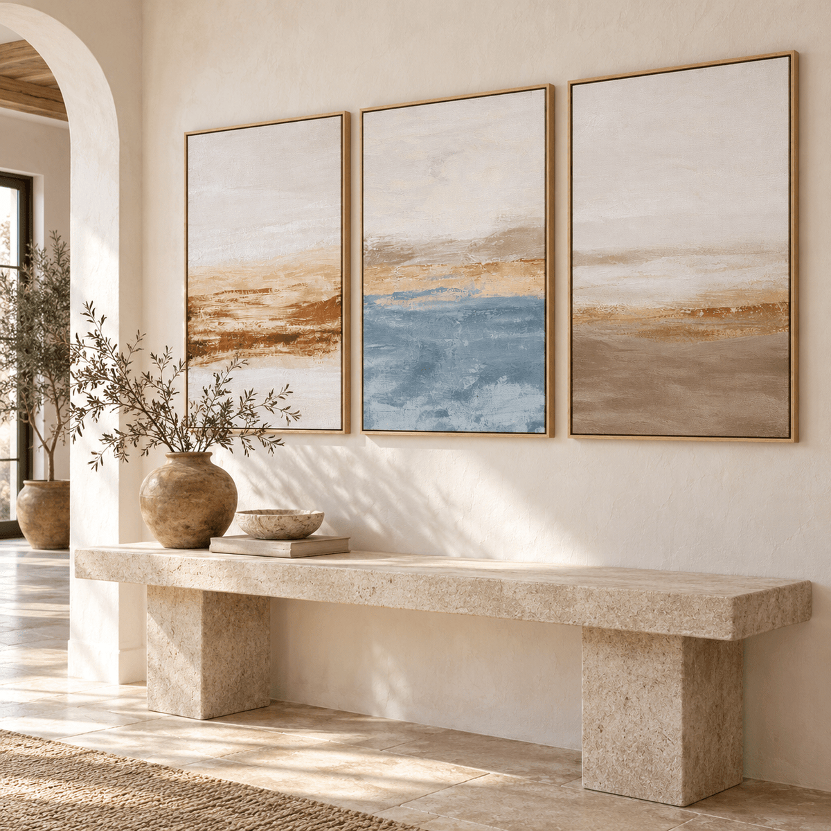 Neutral Coastal Wall Art – Soft Shoreline canvas print set of 3 by Rossetti Art, framed trio in a wabi-sabi entryway