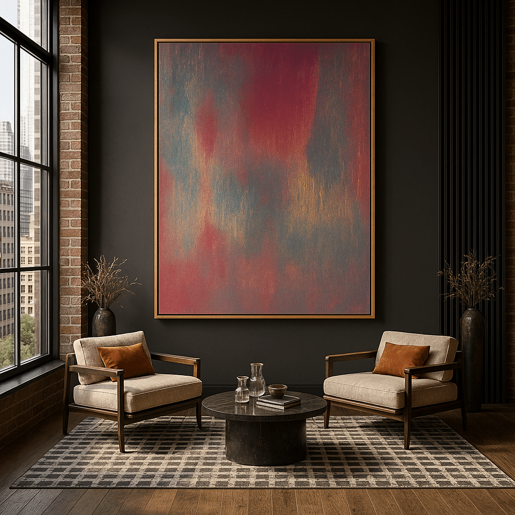 Canvas Print : Nocturne Glow: Abstract Canvas Art in Deep Red and Blue Tones - Chiara Rossetti