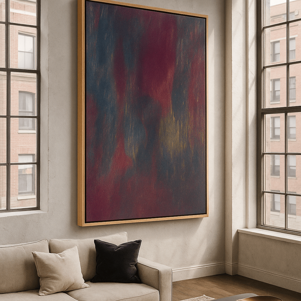 Canvas Print : Nocturne Glow: Abstract Canvas Art in Deep Red and Blue Tones - Chiara Rossetti