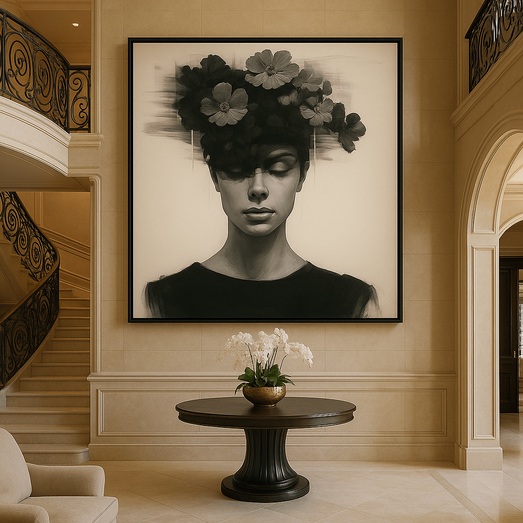 Canvas Print: Noir Bloom – Surreal Floral Portrait Wall Art Print modern abstract canvas wall art by Rossetti Art – luxury interior design artwork for living room, bedroom, office – contemporary art piece Contemporary Canvas Art Contemporary canvas print